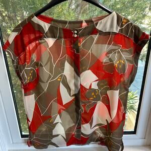 Vintage Campus Casuals Blouse – Red, White & Gray Abstract Floral – 1960s